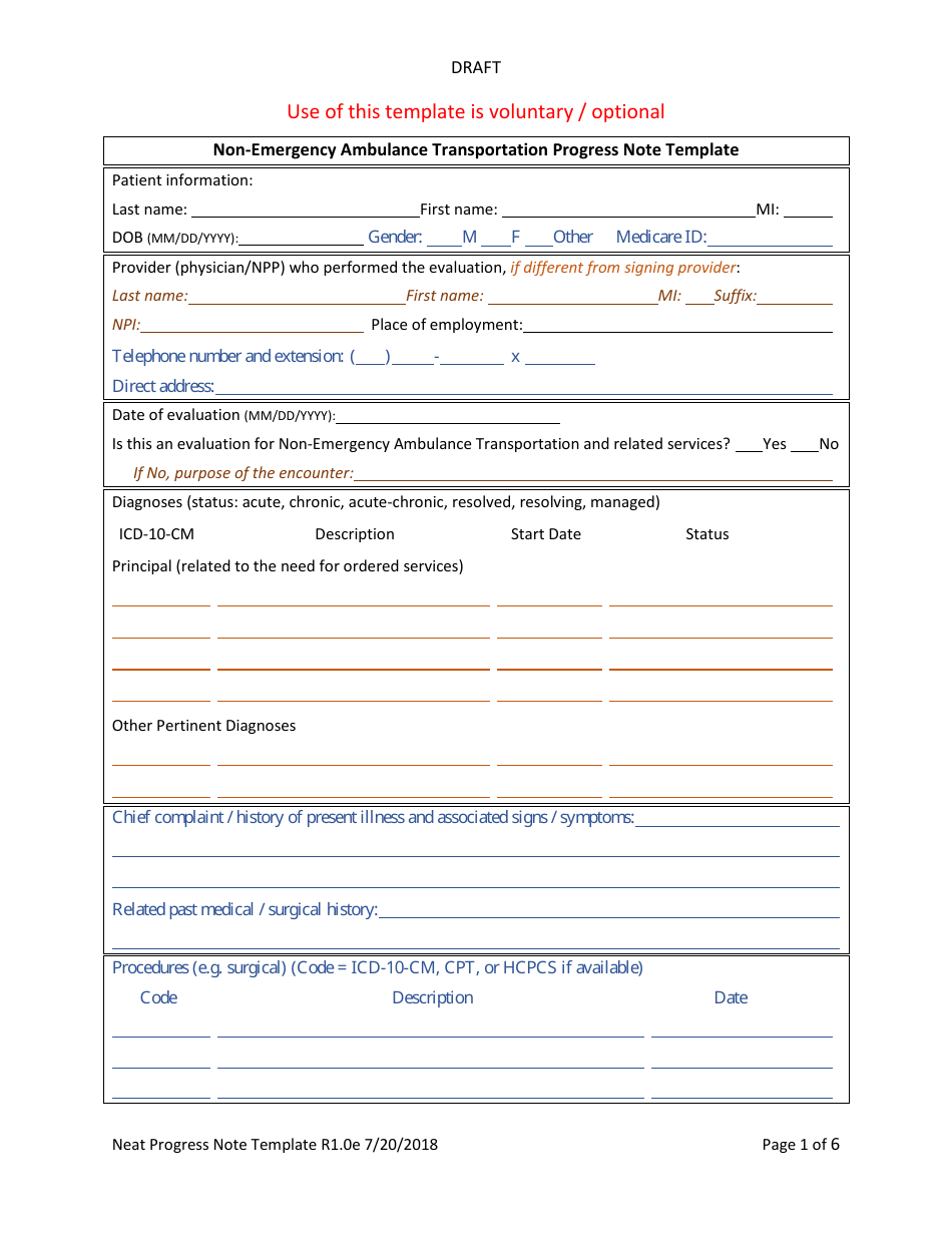Non-emergency Ambulance Transportation Progress Note Template, Page 6