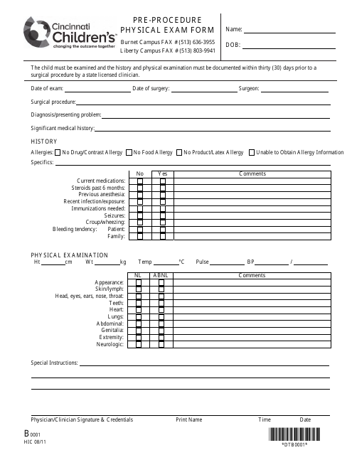 Pre-procedure Physical Exam Form - Cincinnati Children's Download Pdf