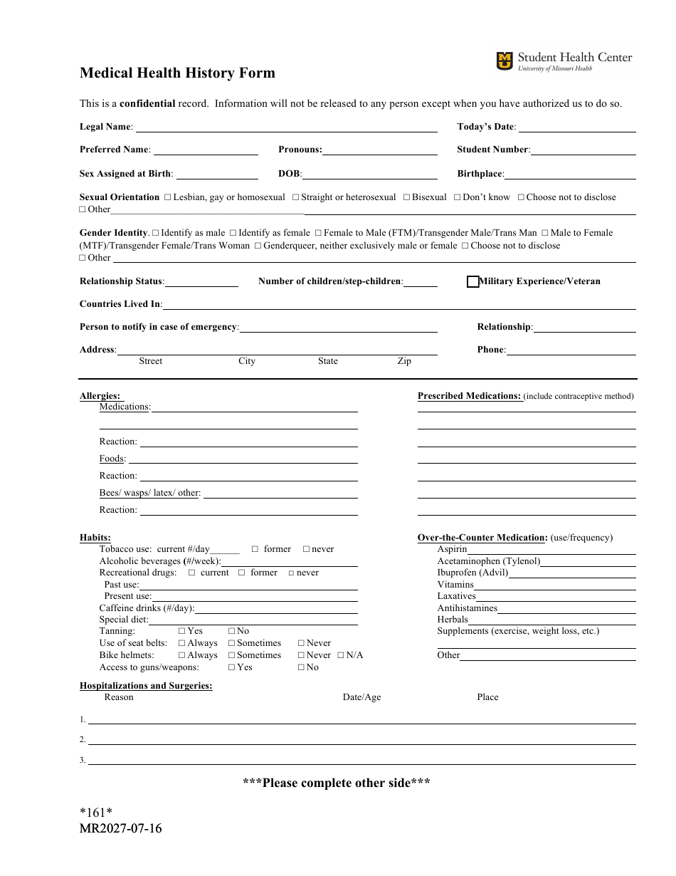 Students Medical Health History Form, Page 1