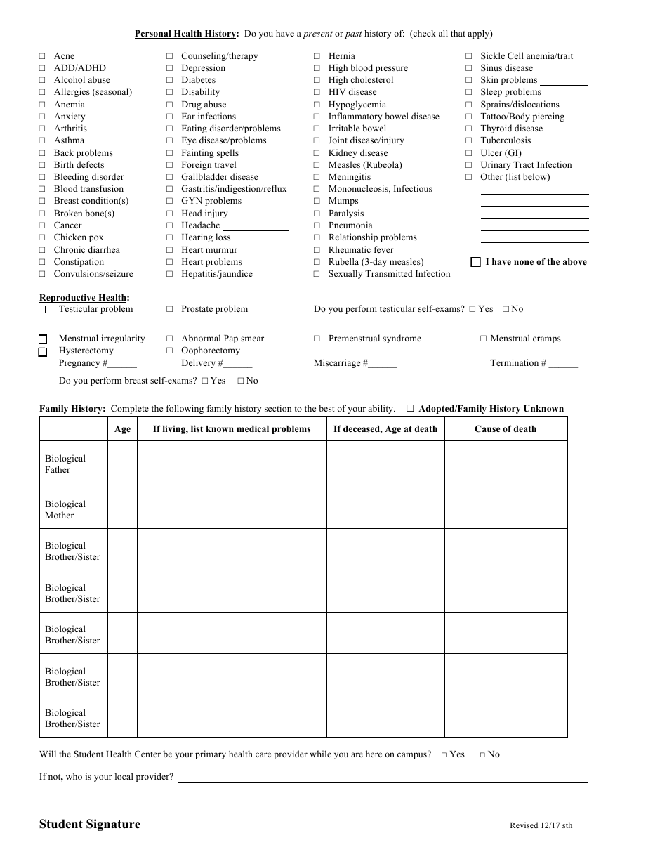 Students Medical Health History Form, Page 2