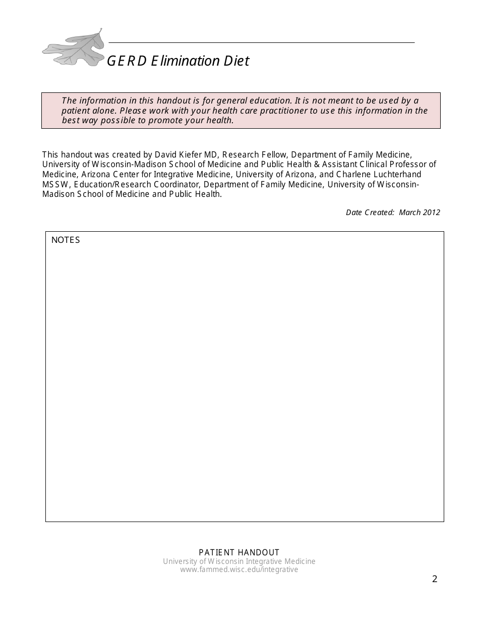 GERD Elimination Diet One Week Food Chart, Page 2