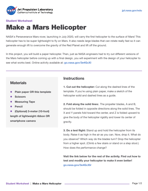 NASA Mars Helicopter Templates Download Pdf