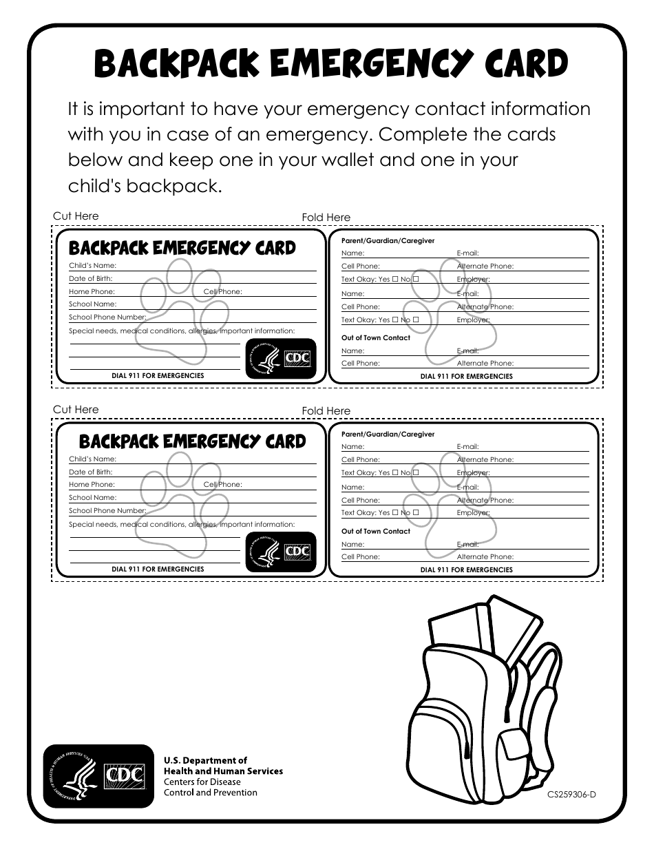 Form CS259306-D Backpack Emergency Card, Page 1