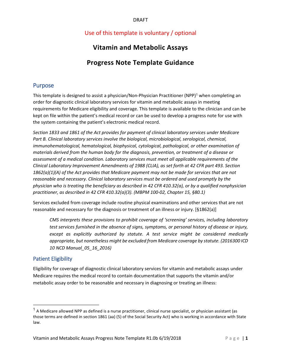 Vitamin and Metabolic Assays Progress Note Template, Page 1