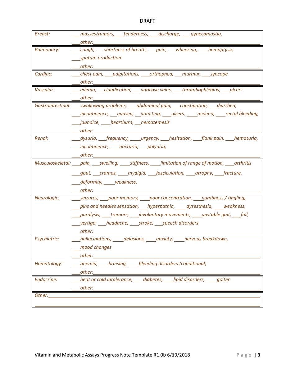 Vitamin and Metabolic Assays Progress Note Template, Page 5