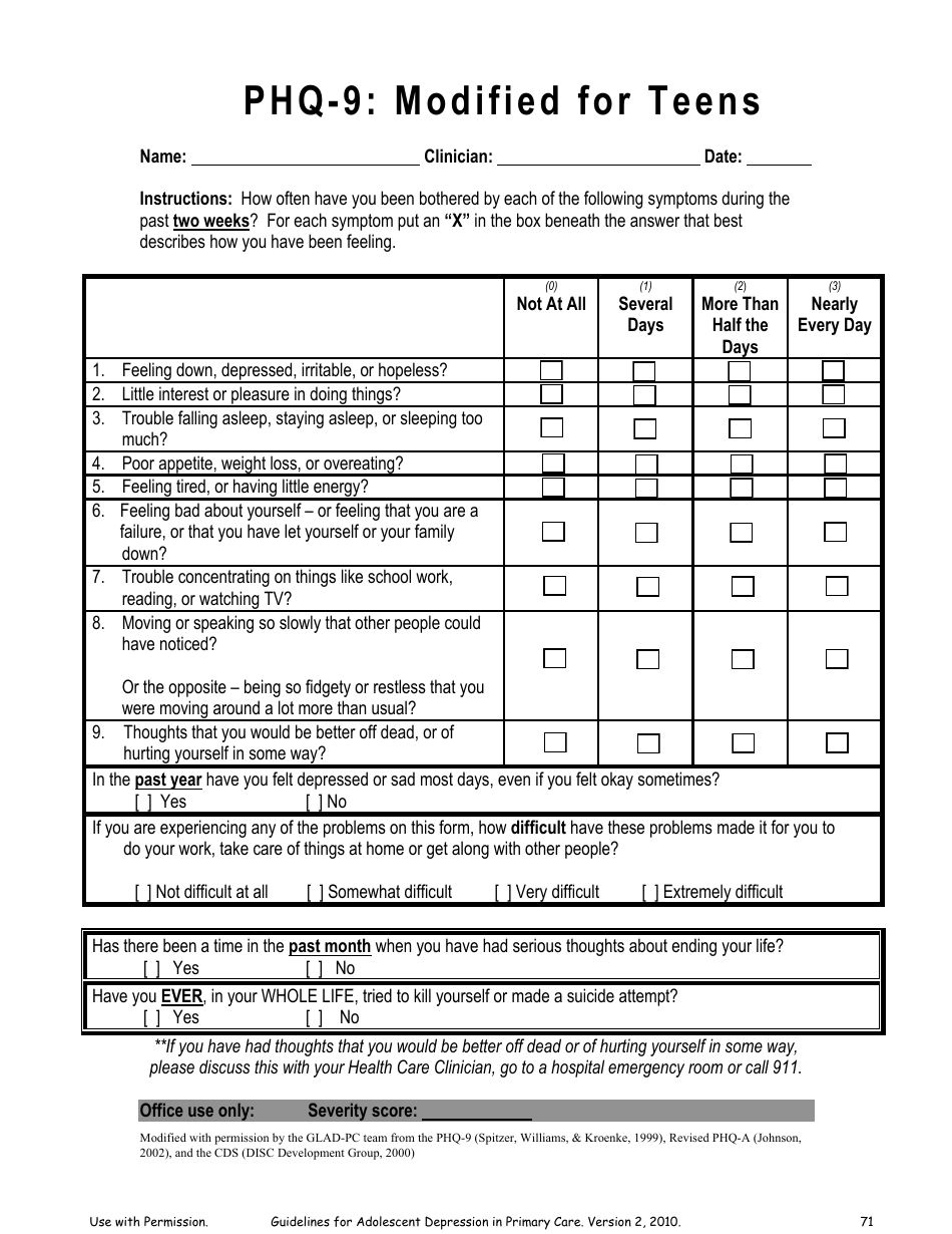 Phq-9 Modified for Teens Download Fillable PDF | Templateroller