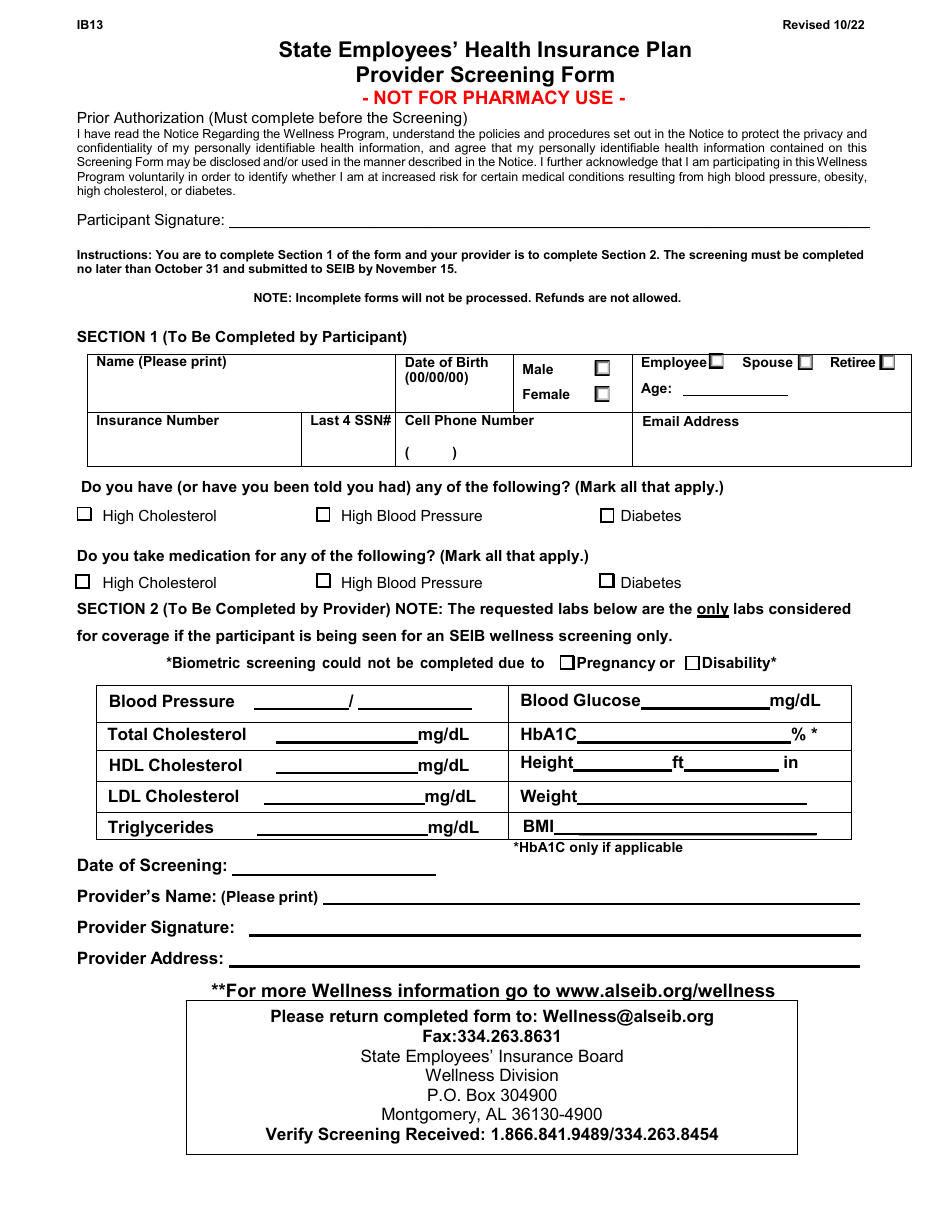 Form IB13 State Employees Health Insurance Plan Provider Screening Form - Alabama, Page 1