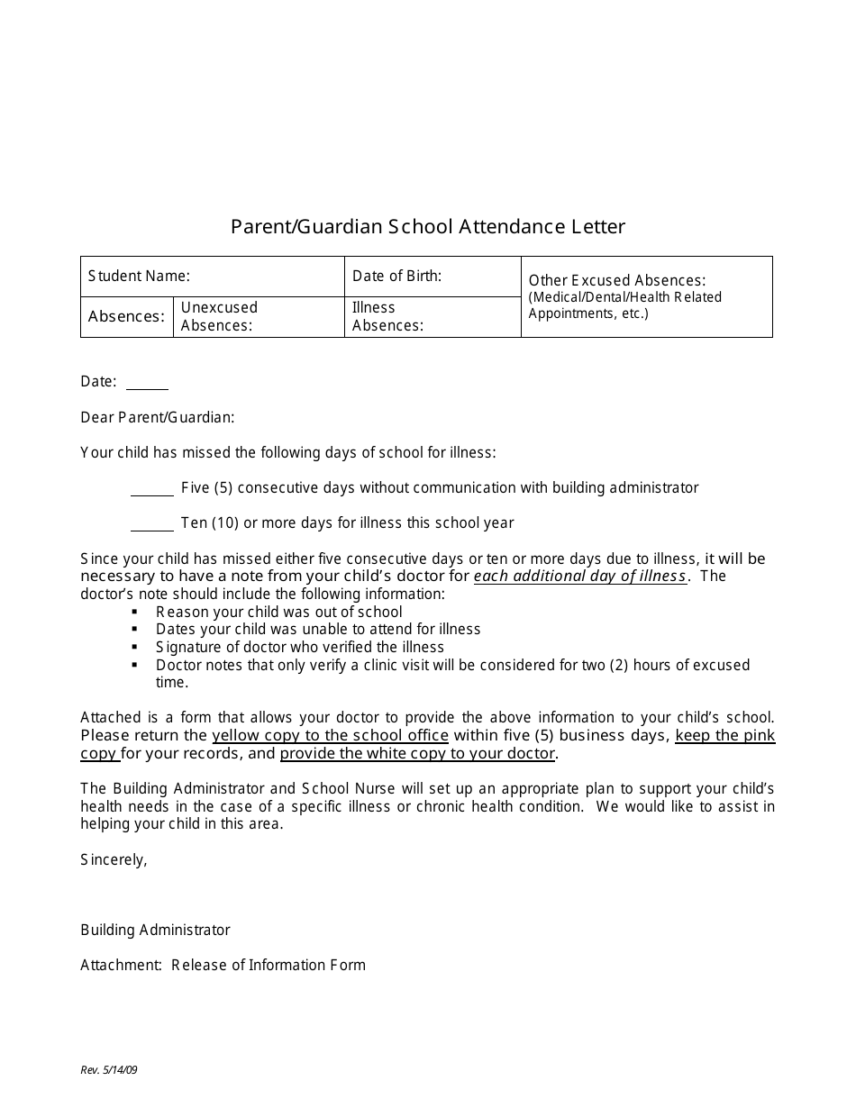 Parent/Guardian School Attendance Letter - Document Preview