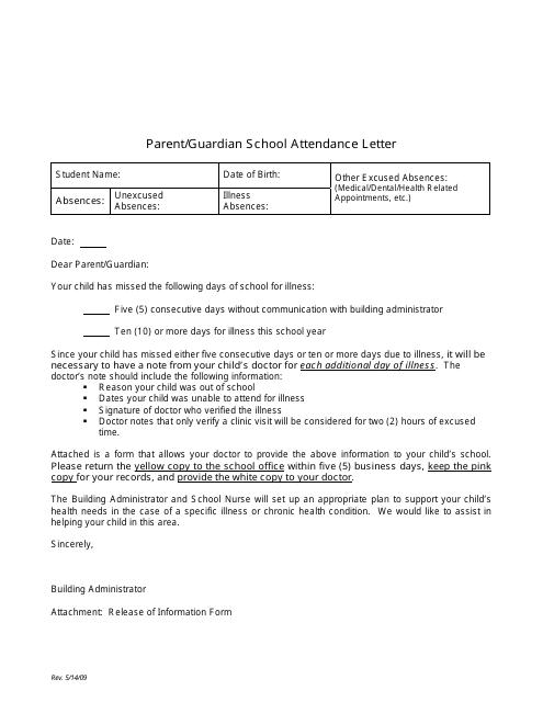 Parent/Guardian School Attendance Letter - Document Preview
