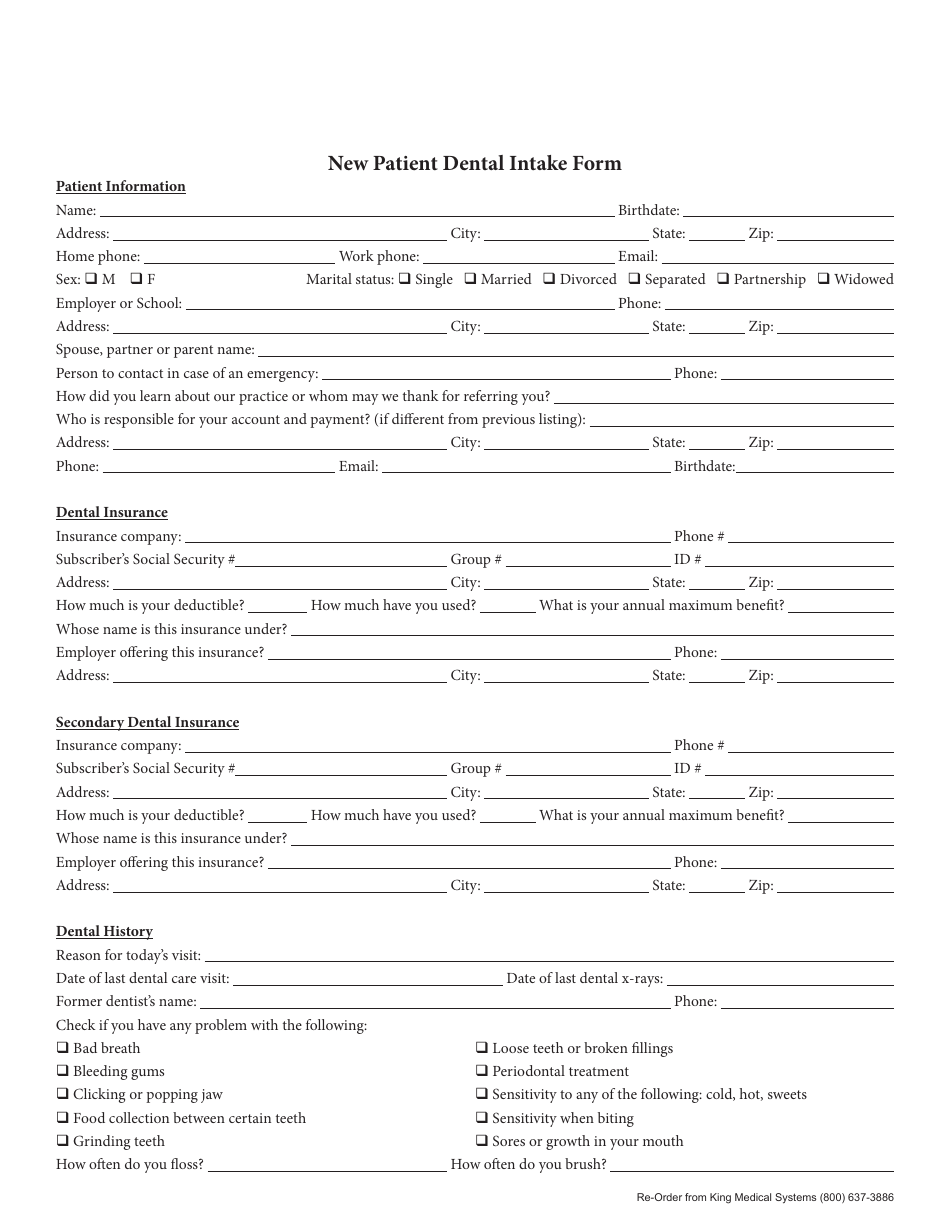 New Patient Dental Intake Form - King Medical Systems, Page 1