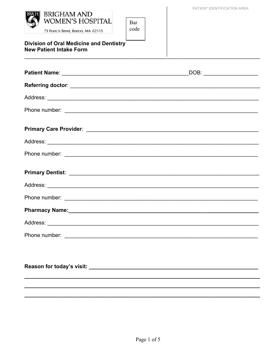 New Patient Dental Intake Form, Page 1