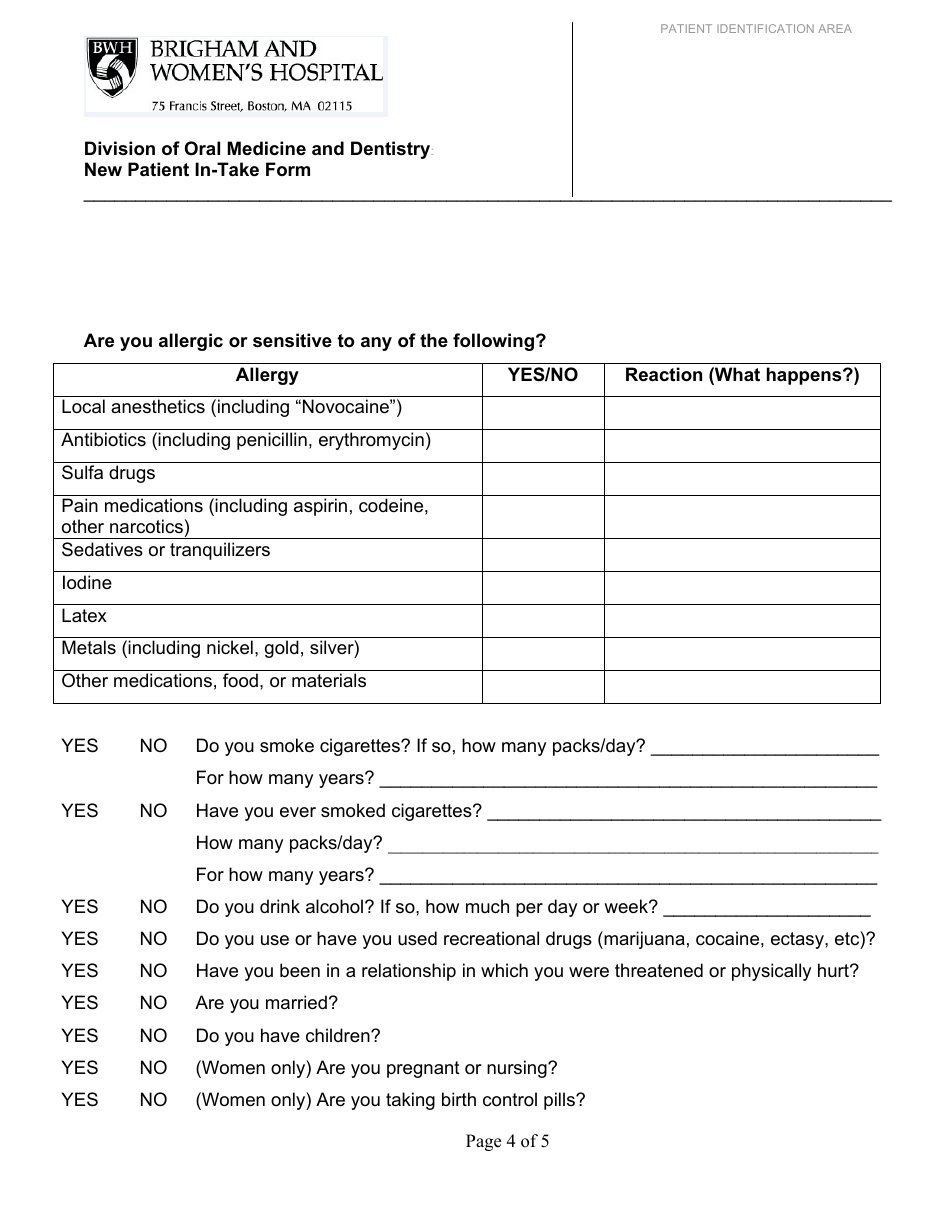 New Patient Dental Intake Form, Page 4