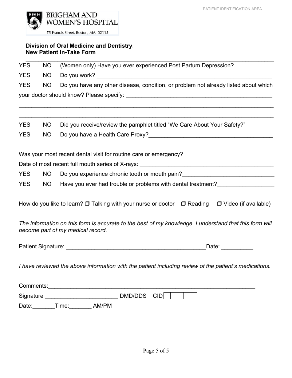 New Patient Dental Intake Form, Page 5