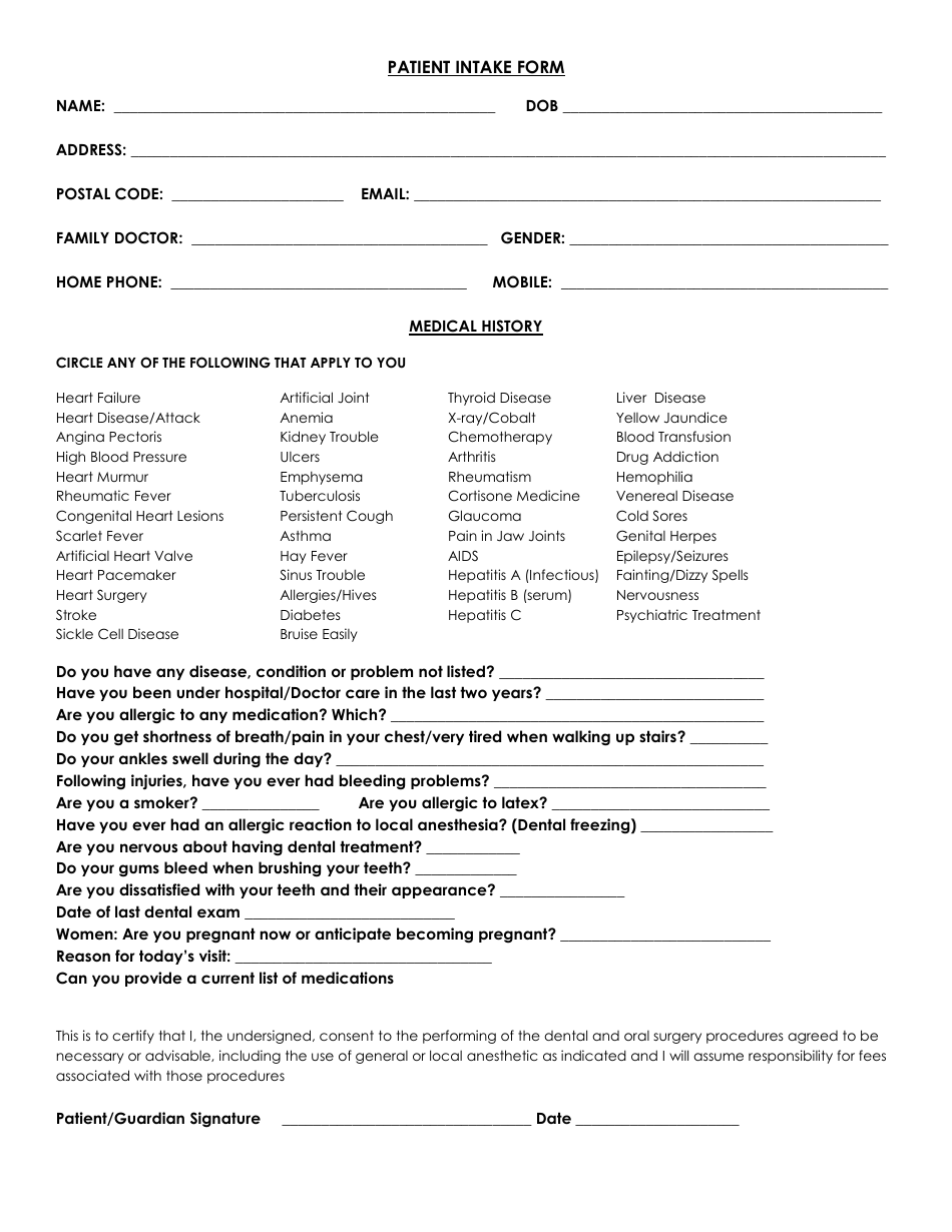 Patient Intake Form - With Medical History, Page 1