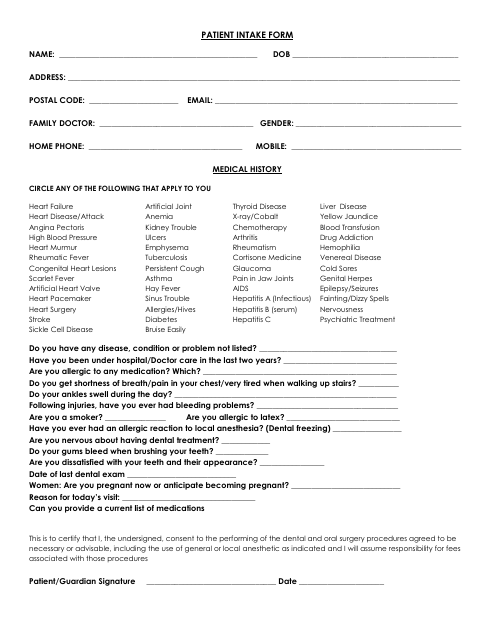 Patient Intake Form - With Medical History Download Pdf