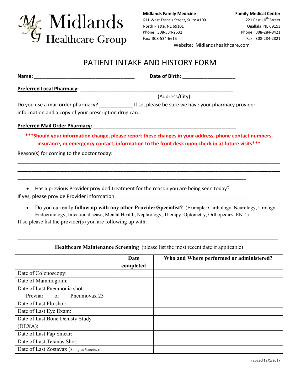 Patient Intake and History Form - Midland Healthcare Group, Page 1