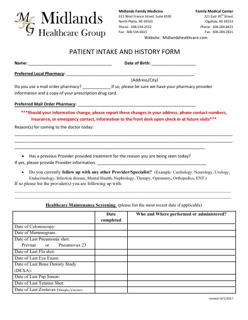 Patient Intake and History Form - Midland Healthcare Group Download Pdf