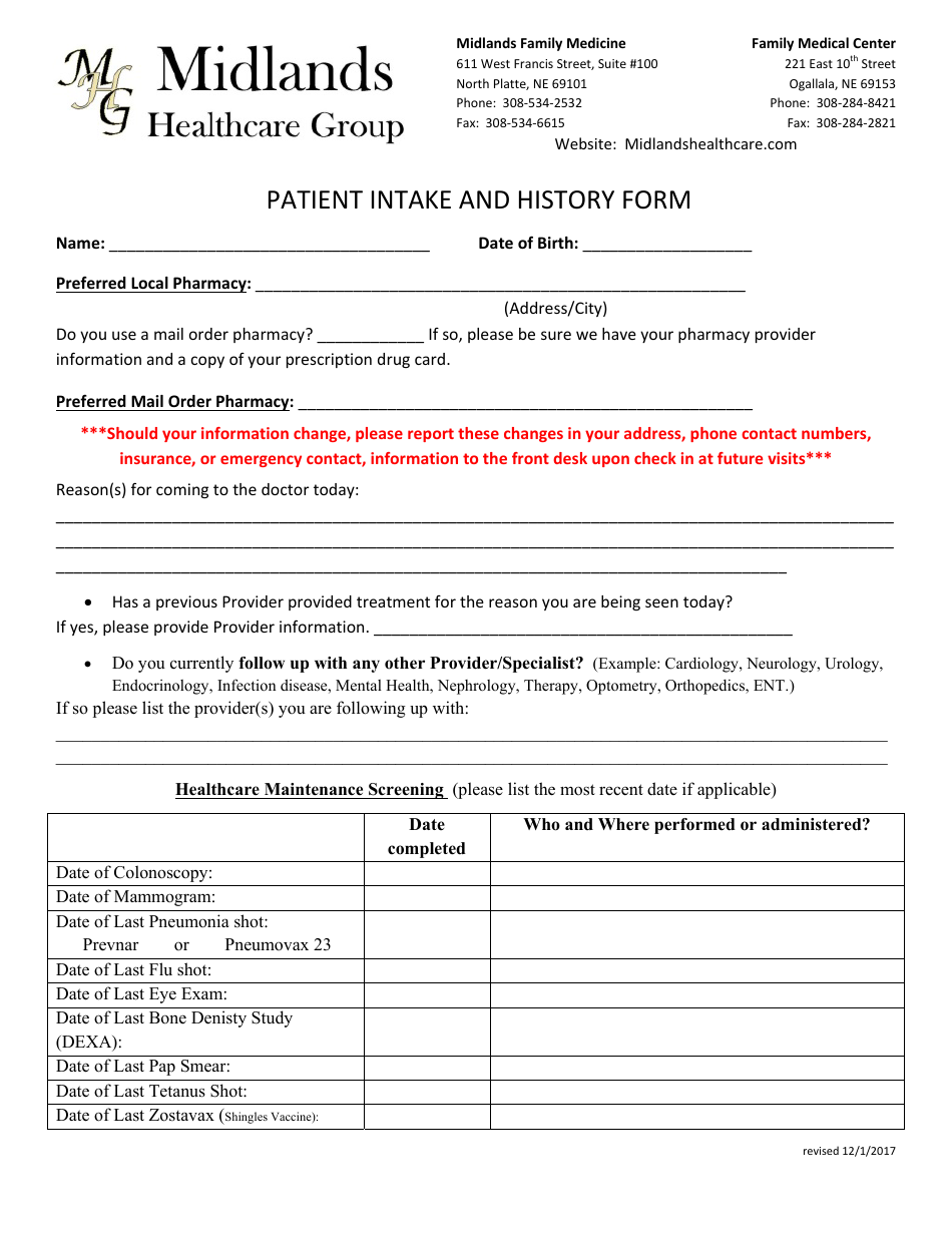 Patient Intake and History Form - Midland Healthcare Group - Fill Out ...