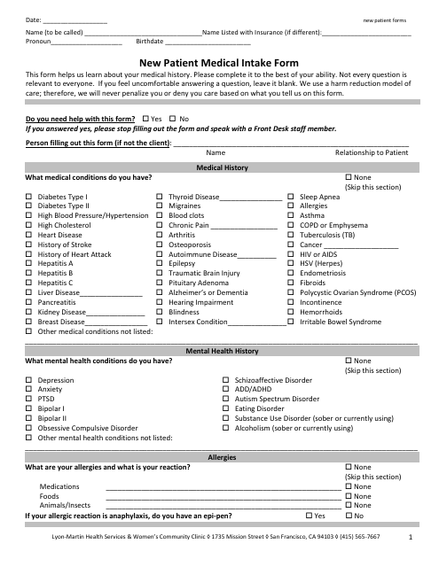New Patient Medical Intake Form - Lyon-Martin Health Services & Women's Community Clinic Download Pdf