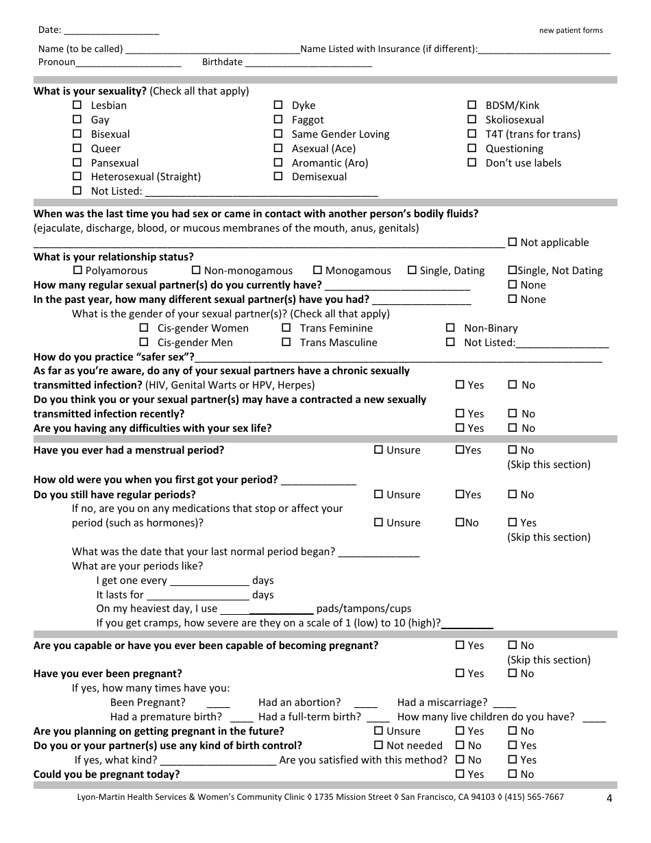 New Patient Medical Intake Form - Lyon-Martin Health Services  Womens Community Clinic, Page 4