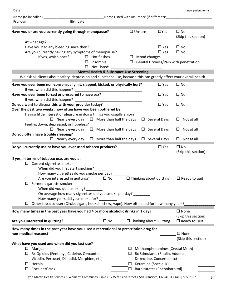 New Patient Medical Intake Form - Lyon-Martin Health Services  Womens Community Clinic, Page 5