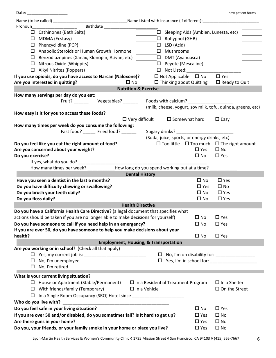New Patient Medical Intake Form - Lyon-Martin Health Services  Womens Community Clinic, Page 6