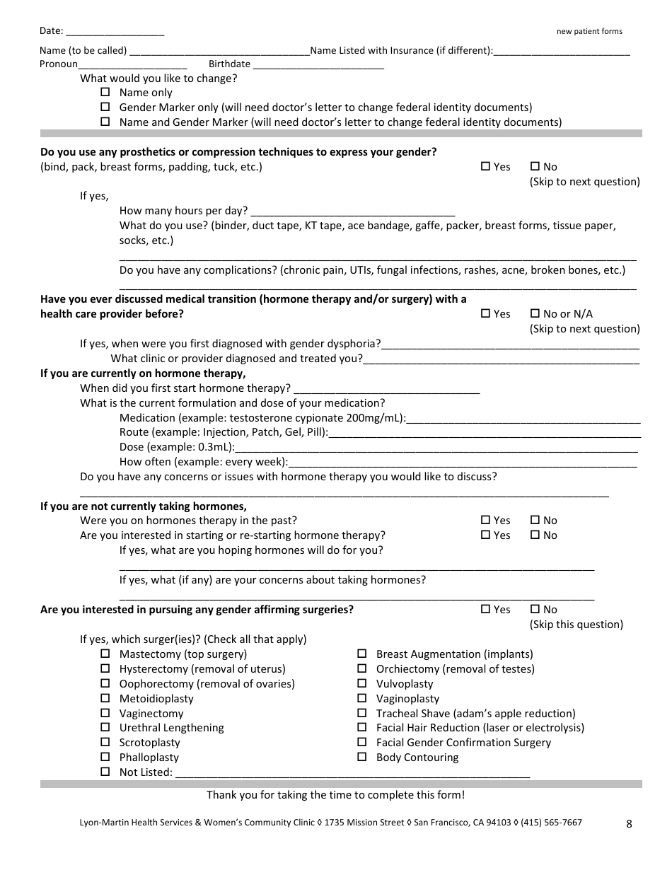 New Patient Medical Intake Form - Lyon-Martin Health Services  Womens Community Clinic, Page 8