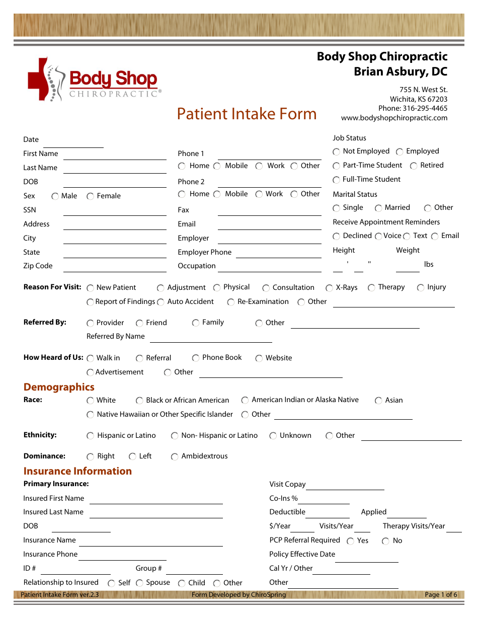 Patient Intake Form - Body Shop Chiropractic, Page 1