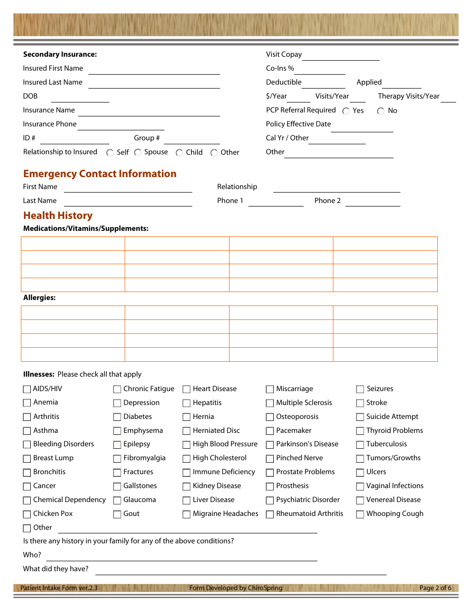 Patient Intake Form - Body Shop Chiropractic, Page 2