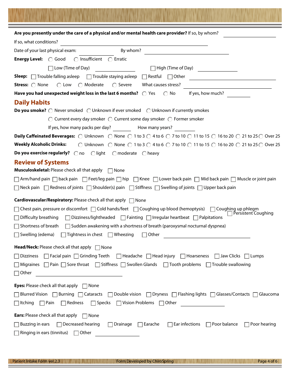 Patient Intake Form - Body Shop Chiropractic, Page 4