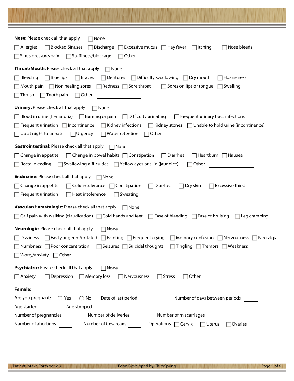 Patient Intake Form - Body Shop Chiropractic, Page 5