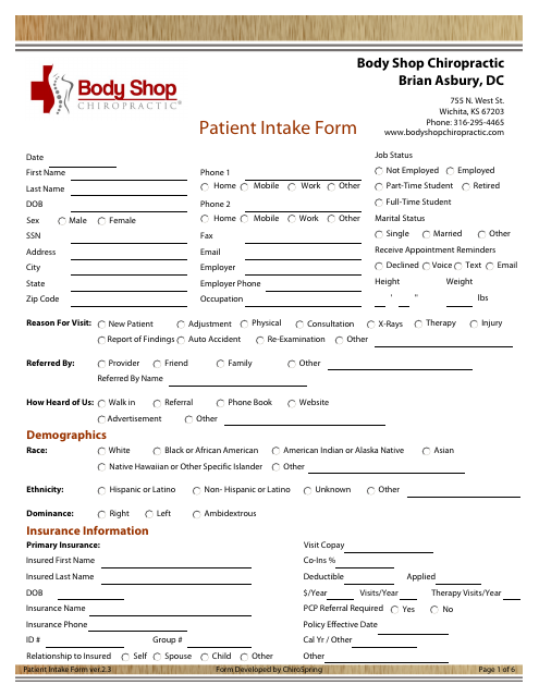 Patient Intake Form - Body Shop Chiropractic Download Pdf