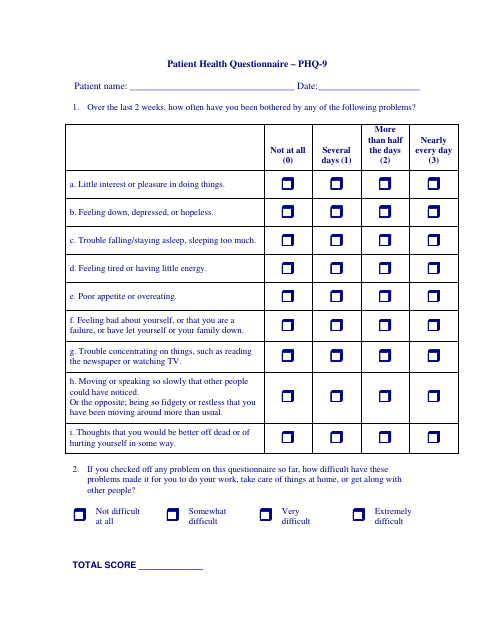 Patient Health Questionnaire (PHQ-9) Template - Blue