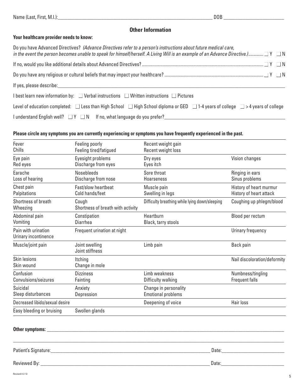 Health History Questionnaire - Trihealth, Page 5