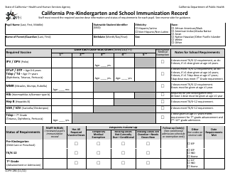 Document preview: Form CDPH286 California Pre-kindergarten and School Immunization Record - California