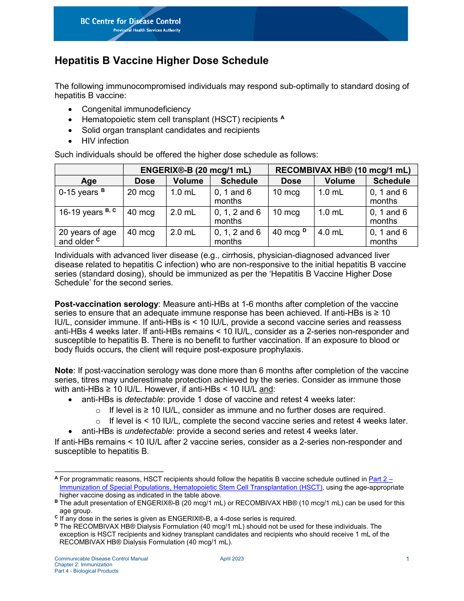 British Columbia Canada Hepatitis B Vaccine Higher Dose Schedule - Fill ...