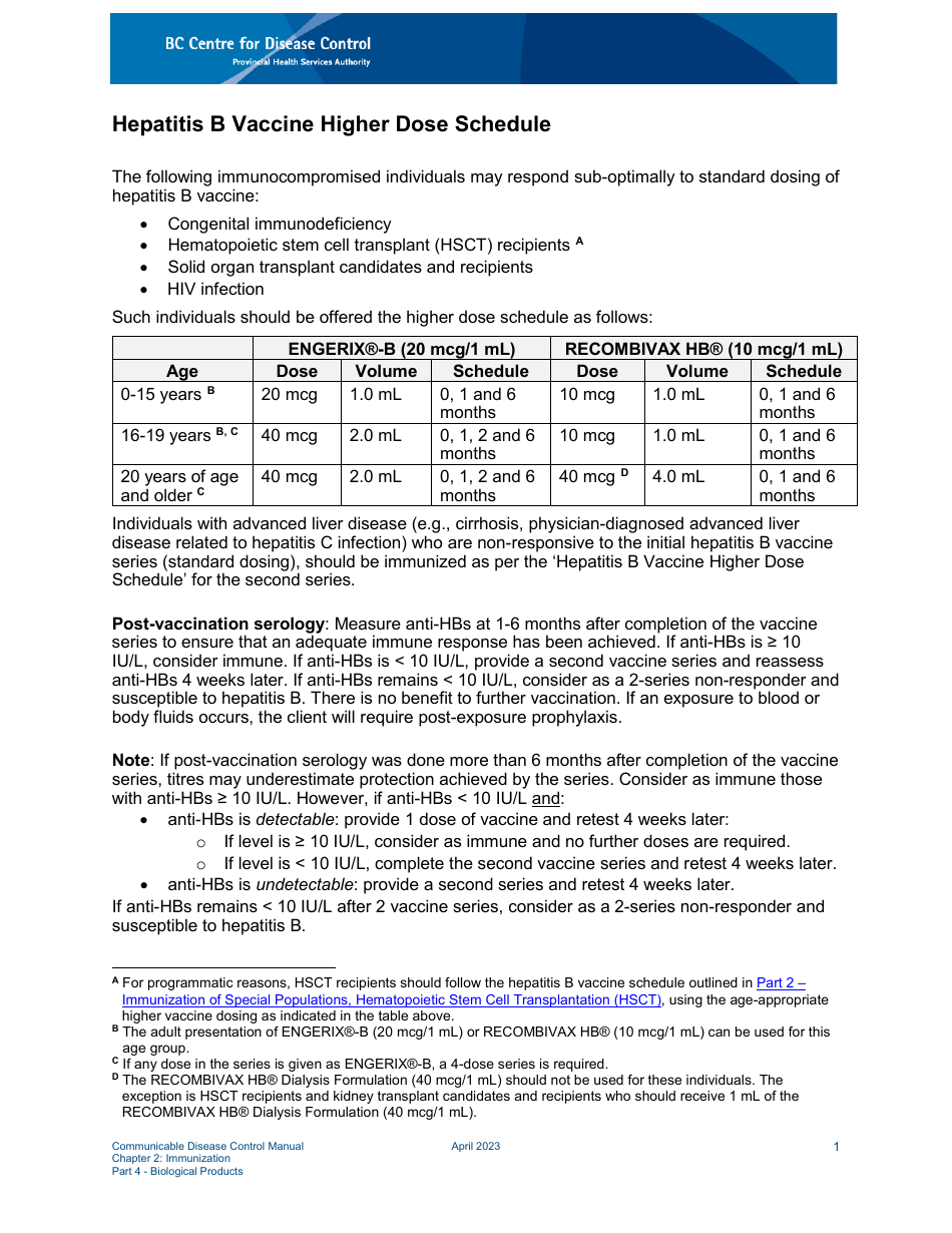 Hepatitis B Vaccine Higher Dose Schedule - British Columbia, Canada, Page 1