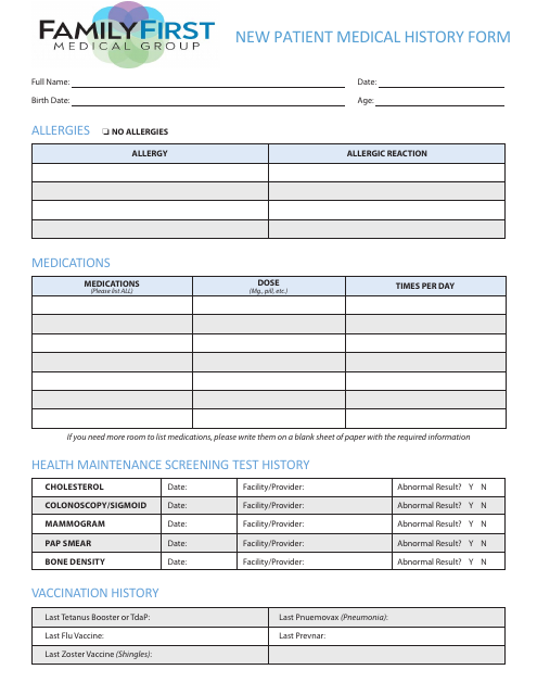 New Patient Medical History Form - Family First Medical Group
