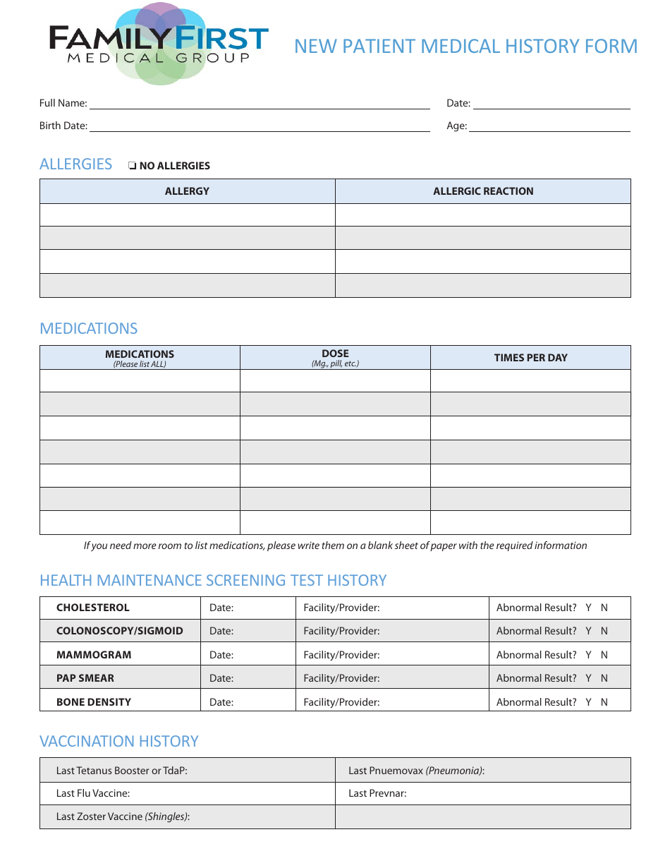 New Patient Medical History Form - Family First Medical Group, Page 1