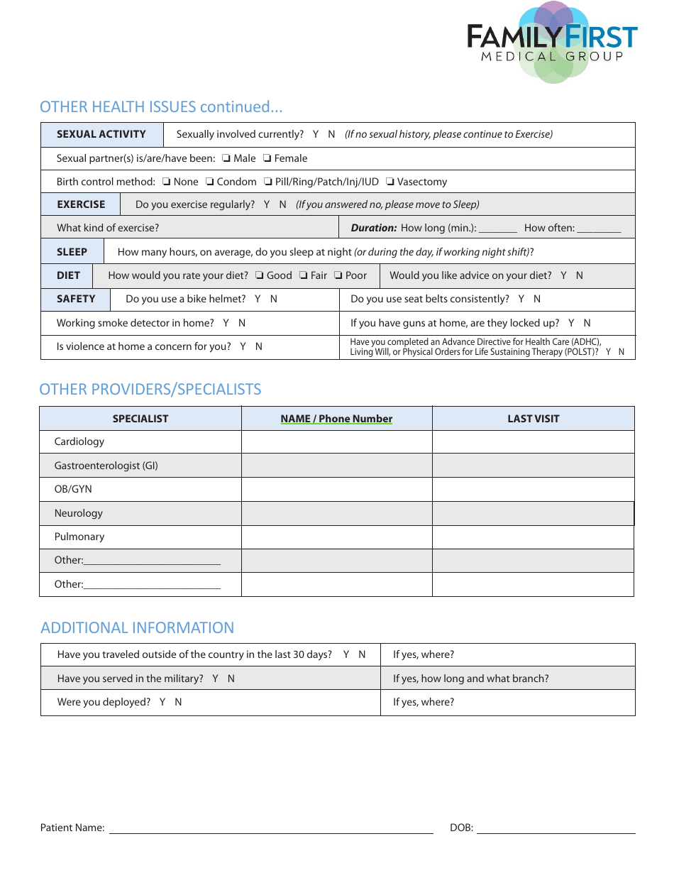 New Patient Medical History Form - Family First Medical Group, Page 4