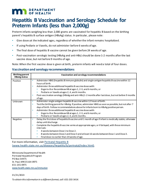 Hepatitis B Vaccination and Serology Schedule for Preterm Infants (Less Than 2,000g) - Minnesota