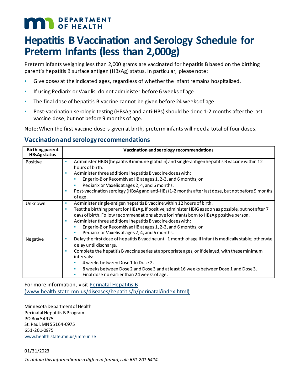 Hepatitis B Vaccination and Serology Schedule for Preterm Infants (Less Than 2,000g) - Minnesota, Page 1