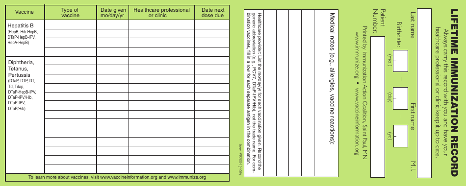Lifetime Immunization Record - Fill Out, Sign Online and Download PDF ...