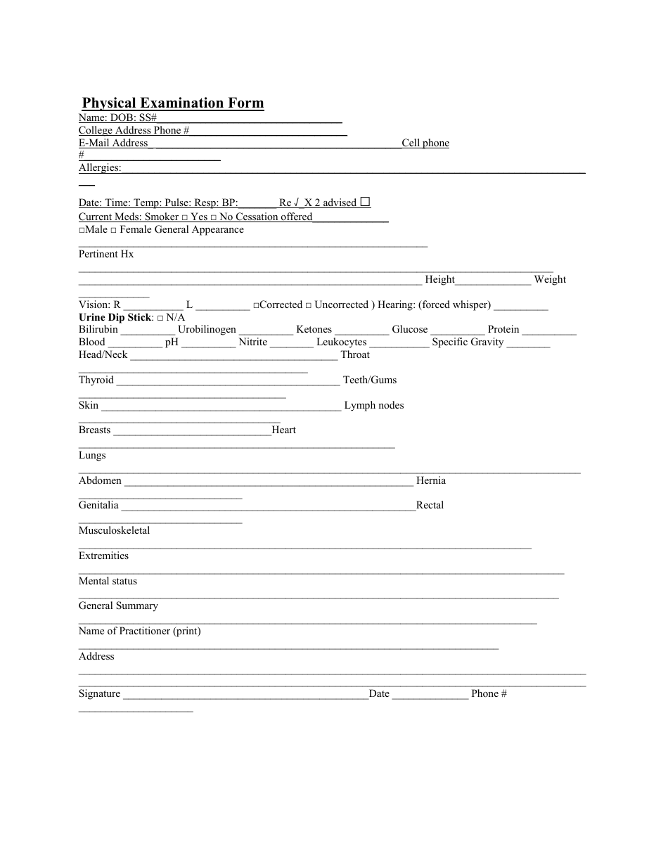Physical Examination Form - With Questionnaire, Page 1