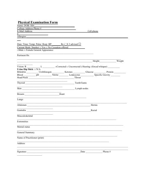 Physical Examination Form - With Questionnaire