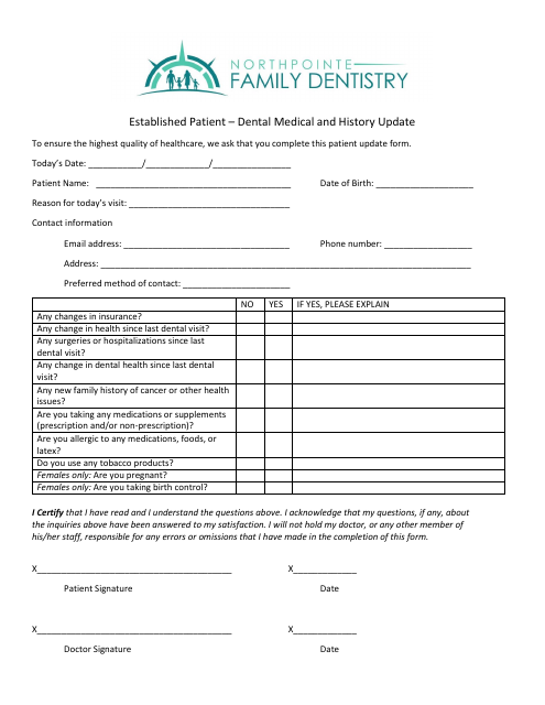 Established patient filling out dental medical and history update form at Northpointe Family Dentistry