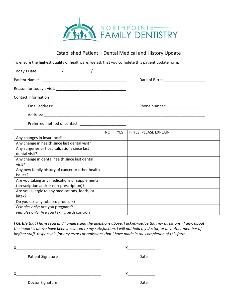 Established Patient Dental Medical and History Update - Northpointe ...