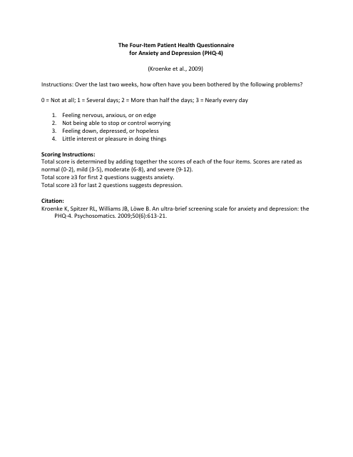 Four-Item Patient Health Questionnaire for Anxiety and Depression (Phq-4) | Document Preview