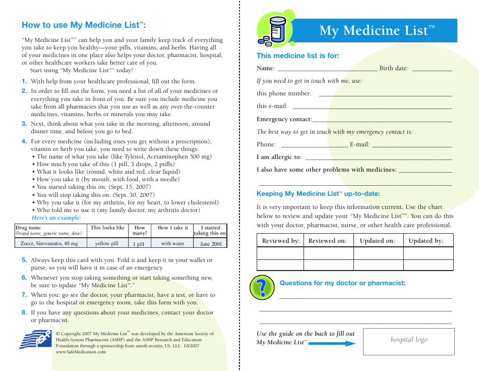 Personal Medicine List document preview - American Society of Health-System Pharmacists (Ashp)