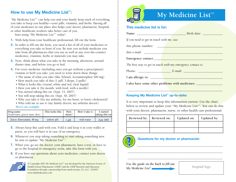Personal Medicine List document preview - American Society of Health-System Pharmacists (Ashp)